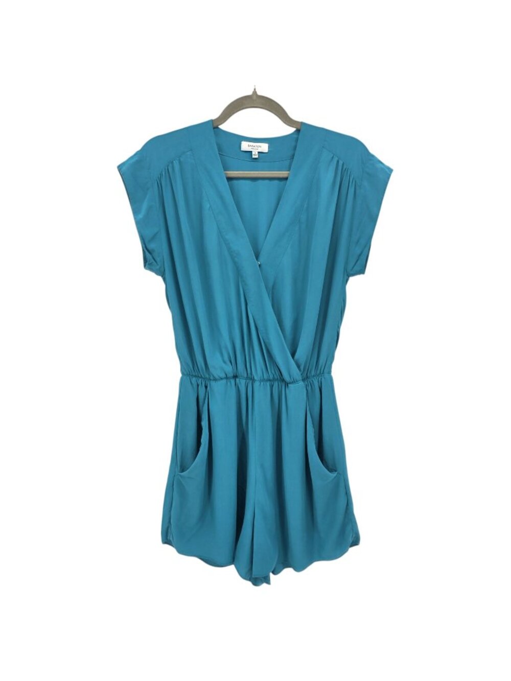 Aritzia Babaton Womens Small Romper Corbett 100% Silk Teal Blue V-neck Pockets